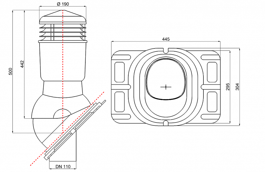 Схема Wirplast К26. Внутренний диаметр вентиляции: Ø110 мм, внешний диаметр колпака Ø190 мм