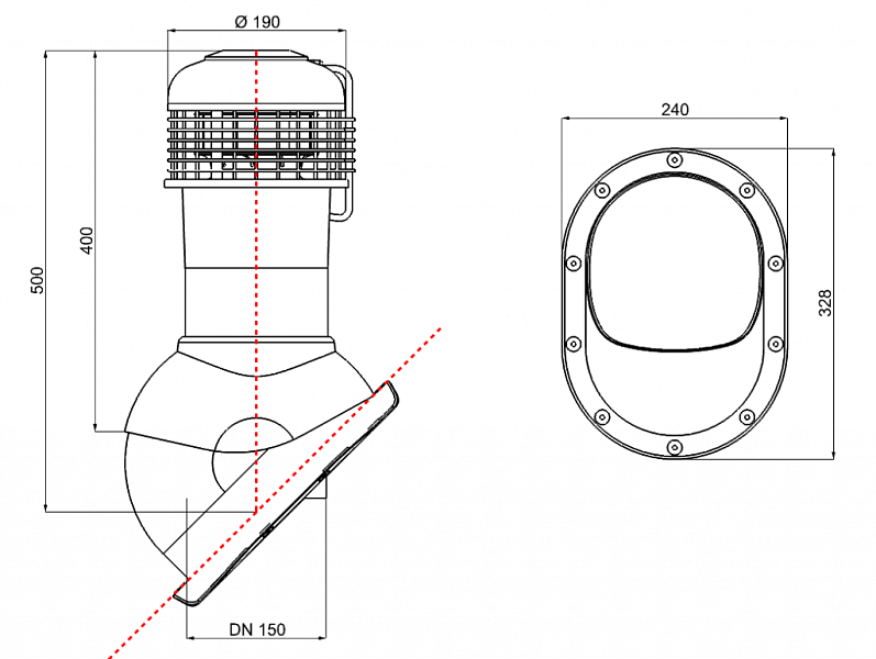 Схема Wirplast К65. Внутренний диаметр вентиляции: Ø150 мм, внешний диаметр колпака Ø190 мм